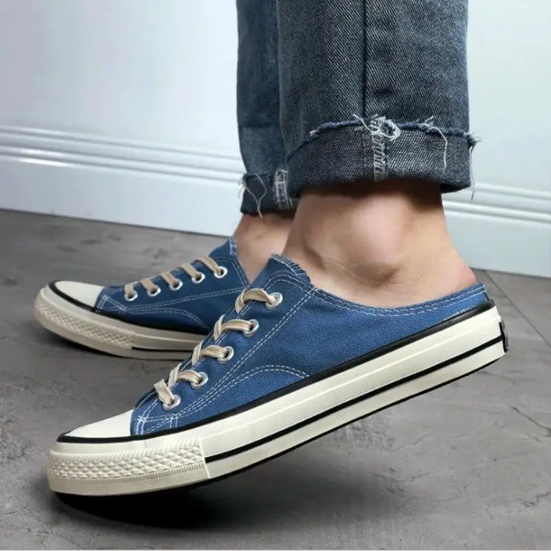 Men Canvas Sneakers Lovers Comfortable Slip-on Shoes Flats Casual Women Half Slipper Breathable Walking Shoes Plus Large Size 44 5