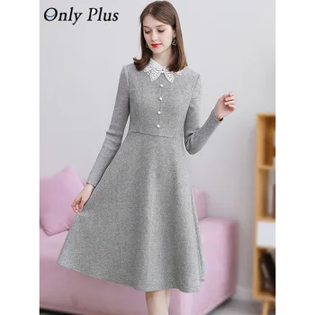 

Only Plus Winter Woolen Vintage Grey Dress A-Line Elegant Slim Lace Up Button Dresses Warm Office Lady Knee Female Vestidos
