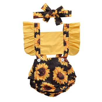 

2020 Summer Newborn Baby Toddler Boys Girls Clothes Sunflowers Print Rompers Jumpsuit Playsuit headband 2pcs