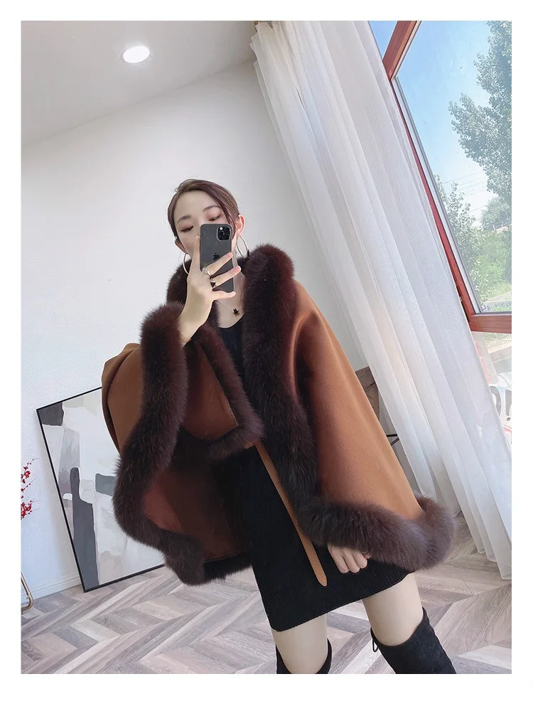 

Dark Brown Women 100% Wool Wraps Cape with Genuine Fox Fur Collar Trimmed Winter Autumn Warm Shawl Poncho Scarf