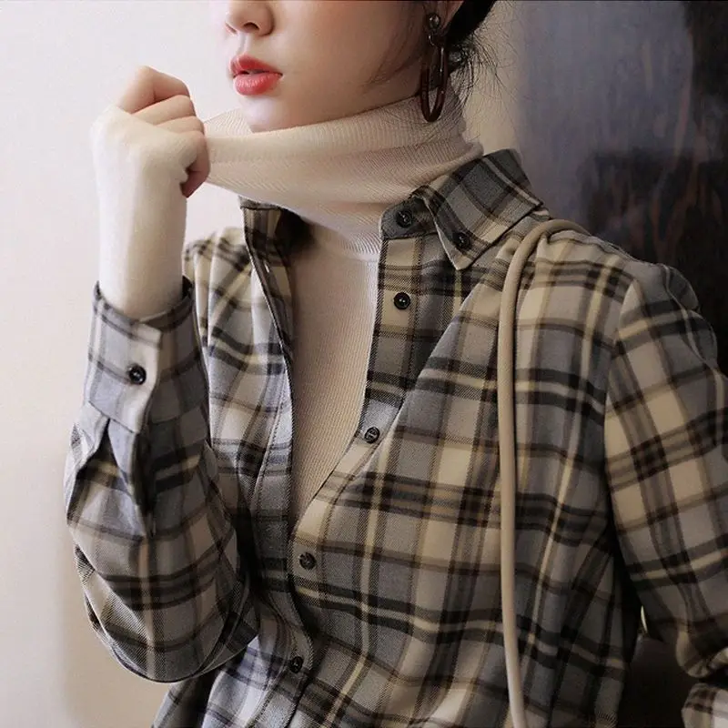

Women's Blouse New British Plaid Loose Long-sleeved Shirt Women Commuter Sanding Contrast Color Plaid Tooling Plaid Shirt