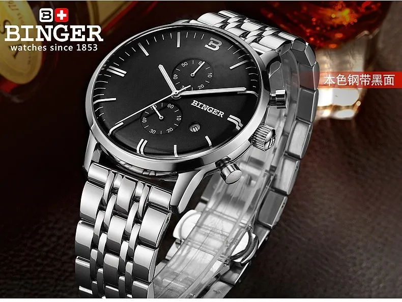 Бизнес часы новые мужские спортивные часы с хронографом 30 м водонепроницаемые кварцевые наручные часы Топ люксовый бренд часы Бингер