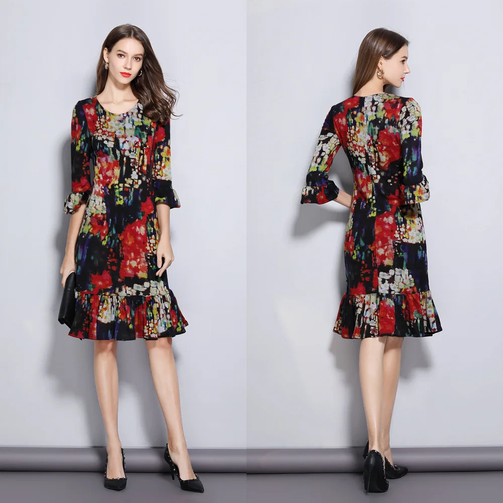 

Dk448 Spring Printed New Style Dress Knitted Elasticity Base Skirt Bell Sleeve Mid-length Women's