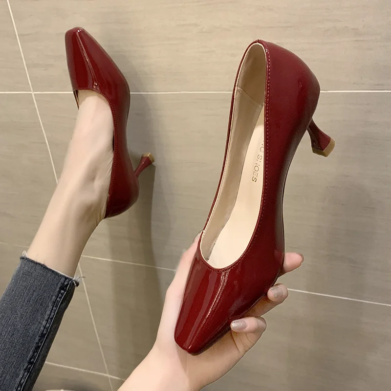 Туфли-лодочки женские из лакированной кожи квадратный носок высокий каблук 10 см