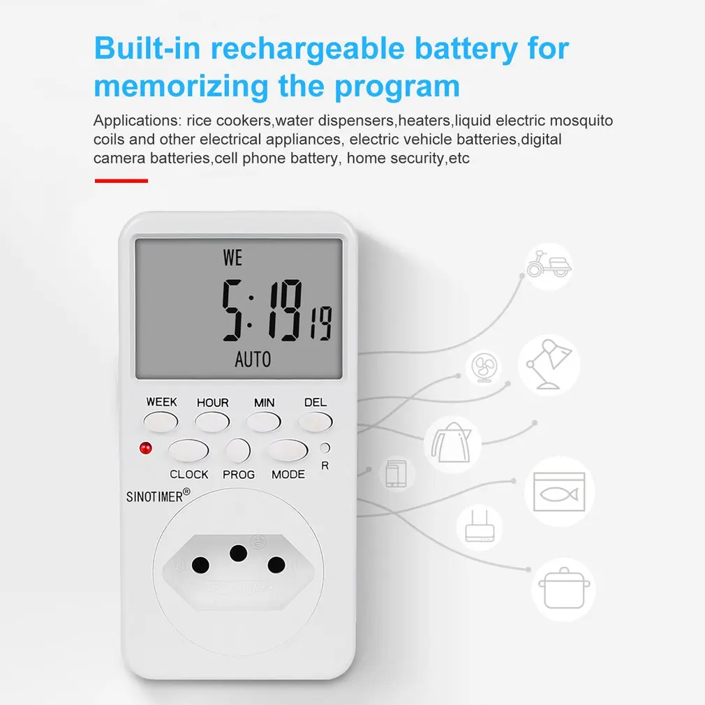 SINOTIMER TM519 7 дней Еженедельный ЖК-цифровой программируемый переключатель розетка таймер вилка контроль релейного переключателя времени ЕС/США/Великобритания/IT/BR/IL