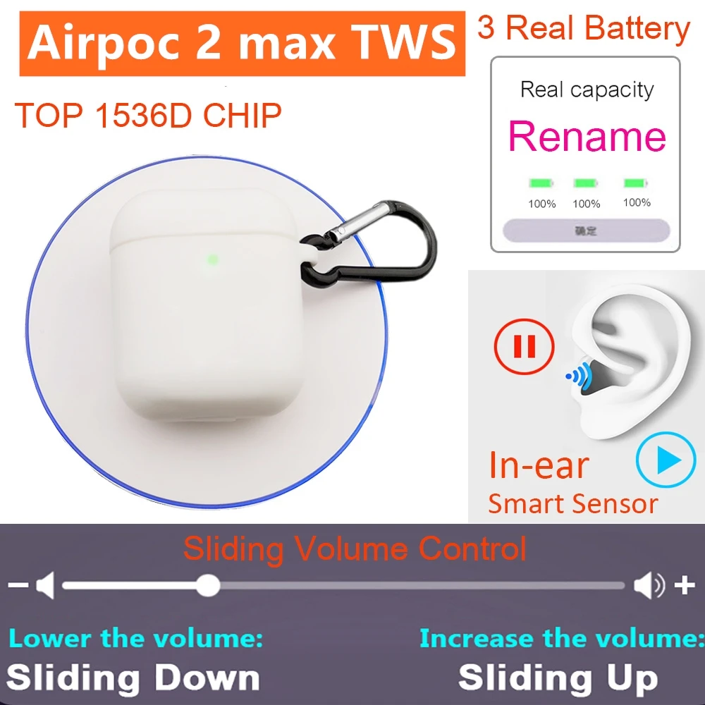 

AirPoc 2 max TWS Super Clone GPS Positioning +Name Change Smart Sensor Wireless charging Bluetooth Earphone Headphone Wireless