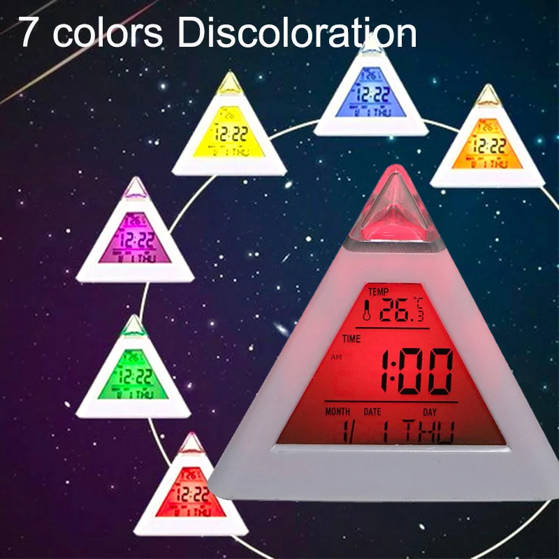Светодиодный цифровой будильник 7 цветов пирамидальные умные часы с ЖК-дисплеем термометр календарь функция повтора будильника для дома