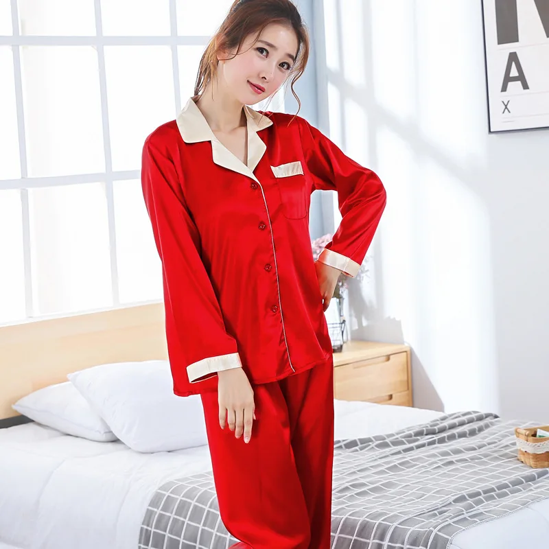 Sleepwear Sets Pajama Red Lovers Pajamas Women Silk Satin Pajama Sets Wedding Couple Pajamas For Women - Цвет: women