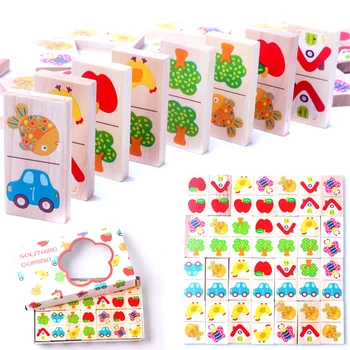 

28pcs Wooden Domino Fruit Animal Recognize Blocks Dominoes Games Jigsaw Montessori Children Learning Education Puzzle Baby Toy