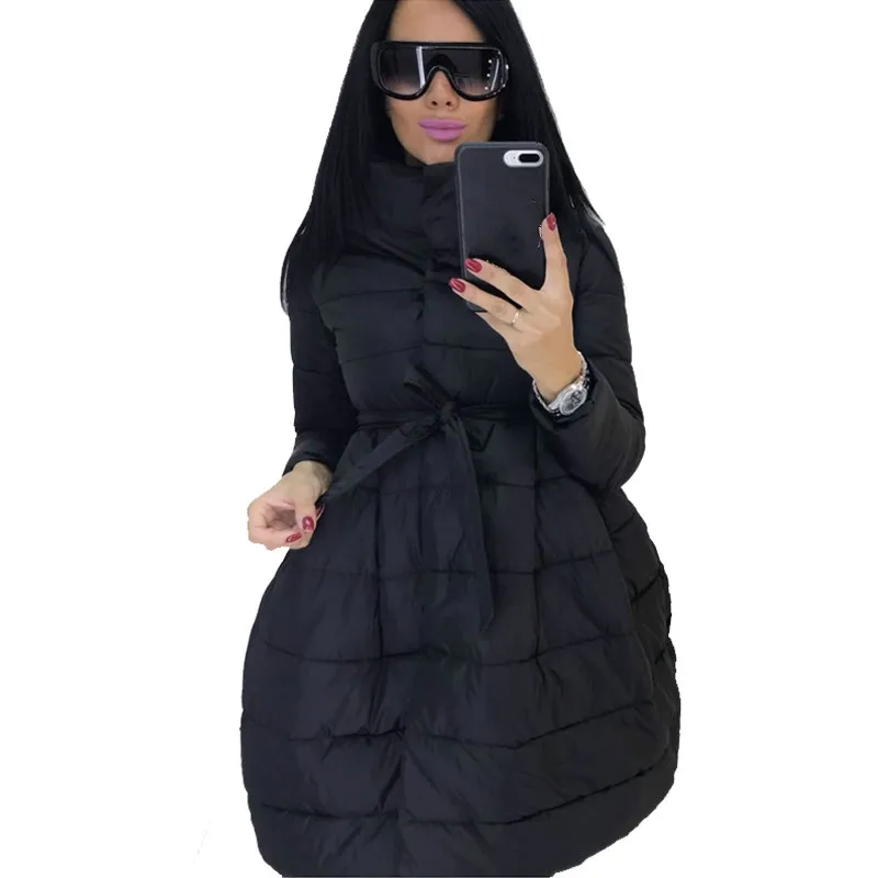 Kopen Winter Jas Vrouwen Rok Parka Mode Strik Taille Medium Lange Stand Kraag Katoen Gevoerde Warme Jas Chaqueta Mujer Invierno