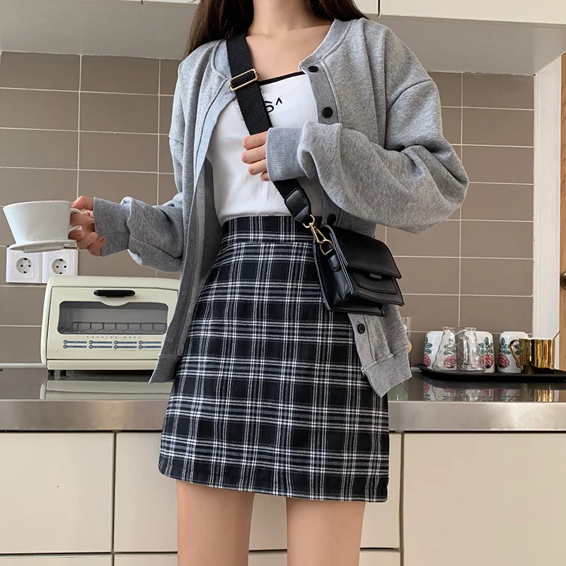 

Spring Summer Plaid Skirt Women's Large Size Korean-style College Style BF Students High-waisted Slimming Loose-Fit Versatile A-
