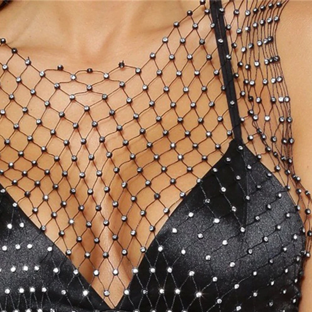 Rhinestone Women Crop Top Fashion Mesh Party Attractive Sleeveless Vest Lightweight Summer Club Round Neck Sexy See Through
