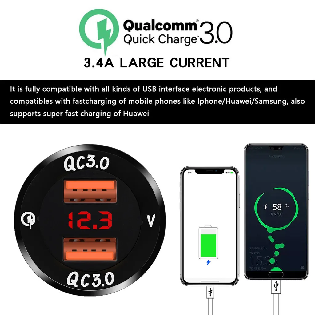 Алюминиевый сплав Быстрая зарядка QC 3,0 двойной USB зарядное устройство с Вольтметр черный/серебристый для автомобилей мотоциклов квадроциклы SUVs лодки яхты#730