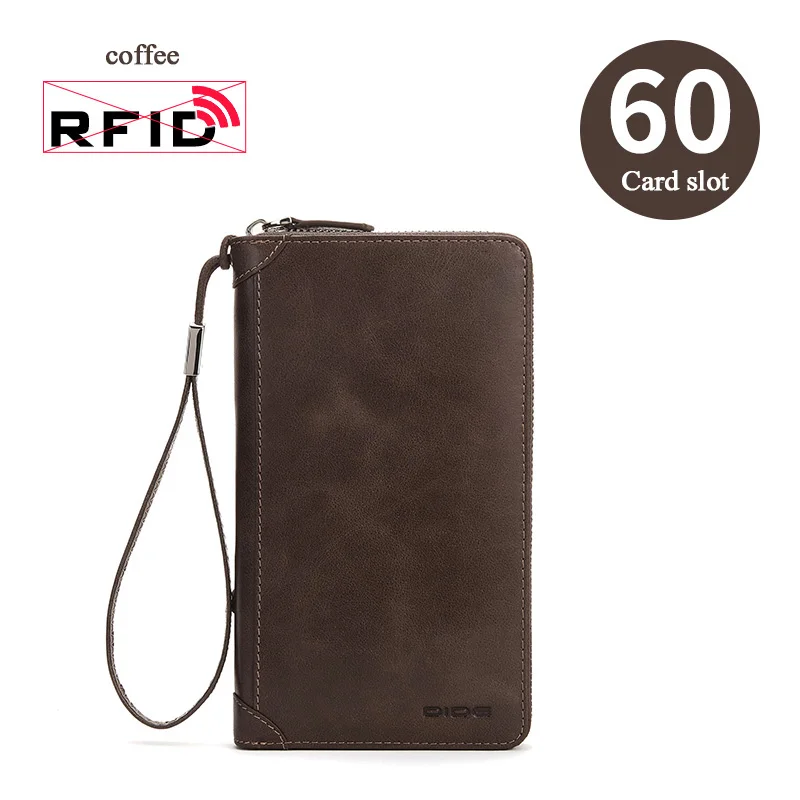 DIDE RFID длинный кошелек для мужчин, натуральная кожа, повседневная сумка для женщин, 60 отделений для карт, держатели для мужчин/женщин, клатч, портмоне для сотового телефона - Цвет: Кофе