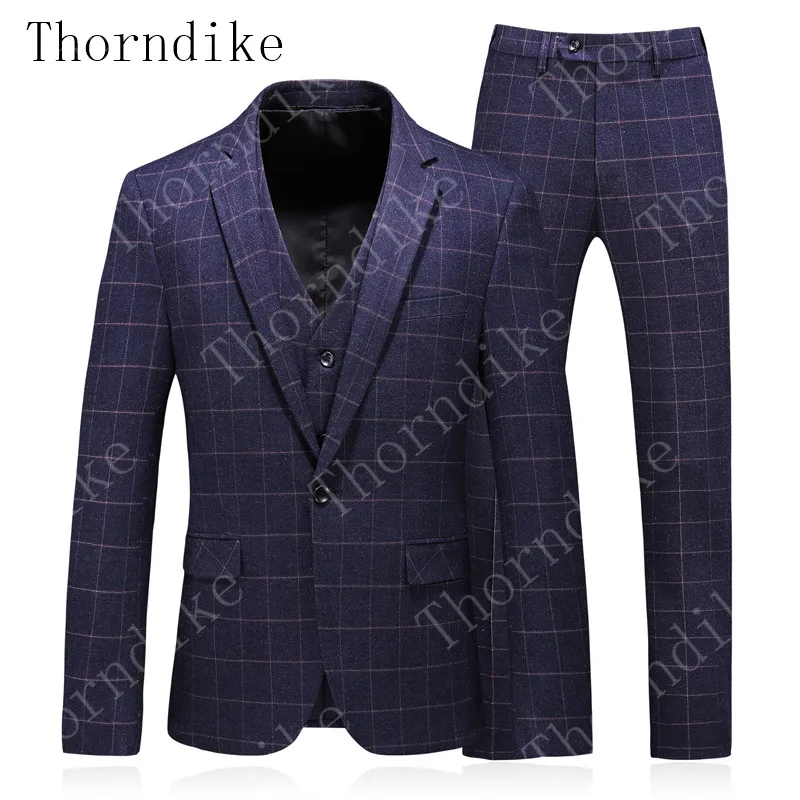 Thorndike, новейший темно-синий клетчатый мужской костюм, мужские смокинги с зубчатыми лацканами для свадьбы, бизнес певец, 3 предмета, Блейзер, жилет, брюки