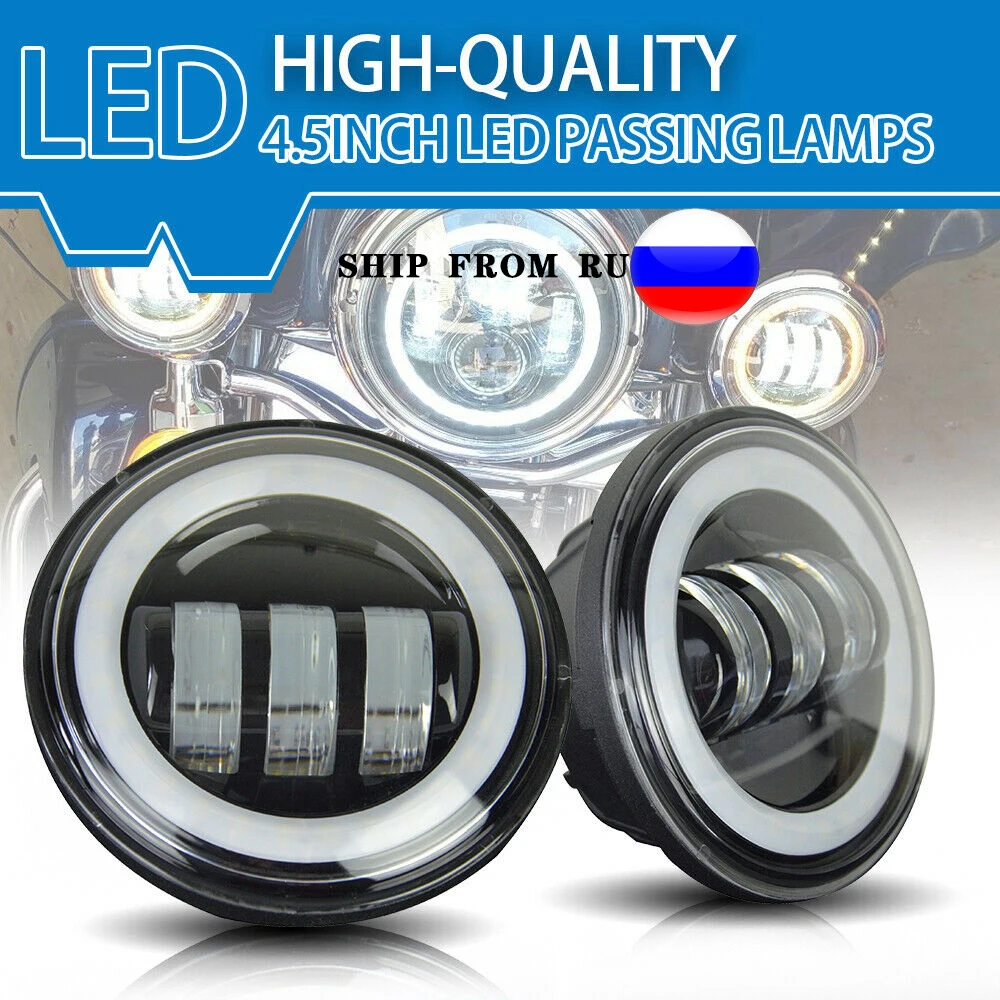 

2Pcs Led Fog light 4.5 inch Motocycle Round White Light 4800LM Black Shell Halo Ring 4 1/2" 4.5"Led Fog Lamps For Harley Bike