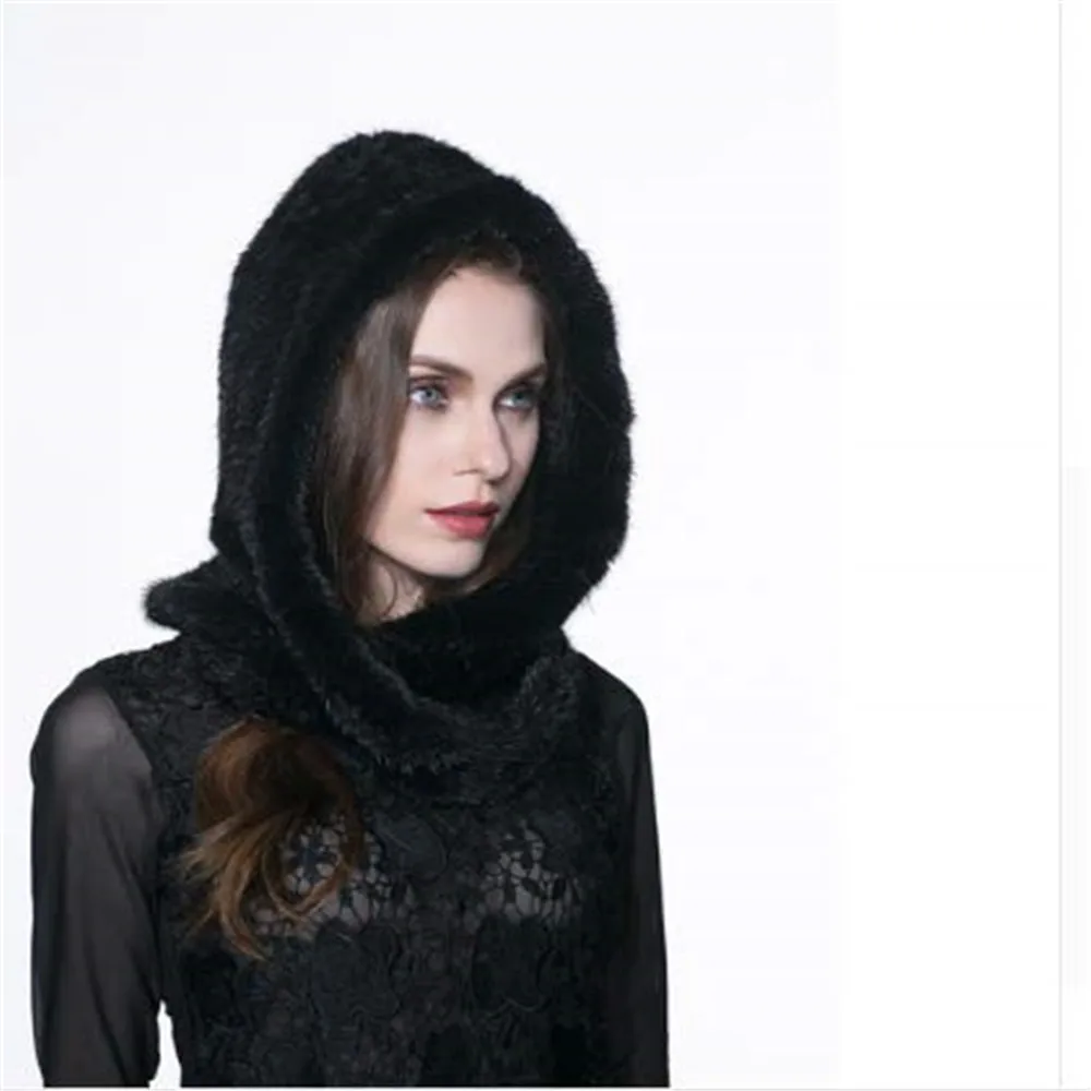 women knitted Mink Fur Hat Scarf cap styles female fur Cap Women Winter warm Headwear - Цвет: black