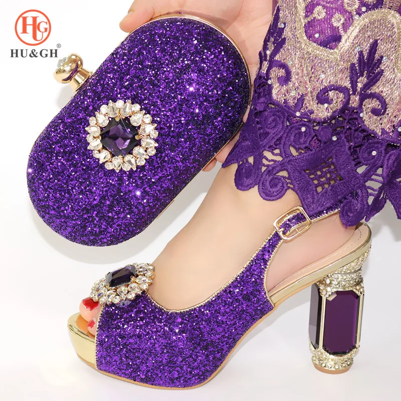 

Purple Color Italian Shoes and Bags Set African Shoes and Matching Bags Nigerian Women Wedding Shoes with Rhinestone High Heels