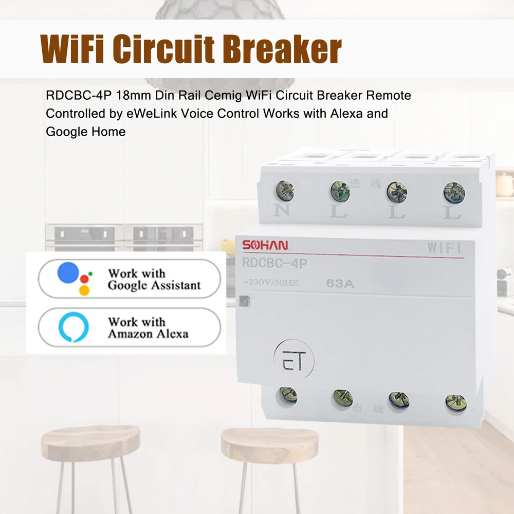 WiFi Circuit Works with Alexa and Google Home RDCBC-4P 18mm Breaker Remote Controlled by eWeLink Voice Control