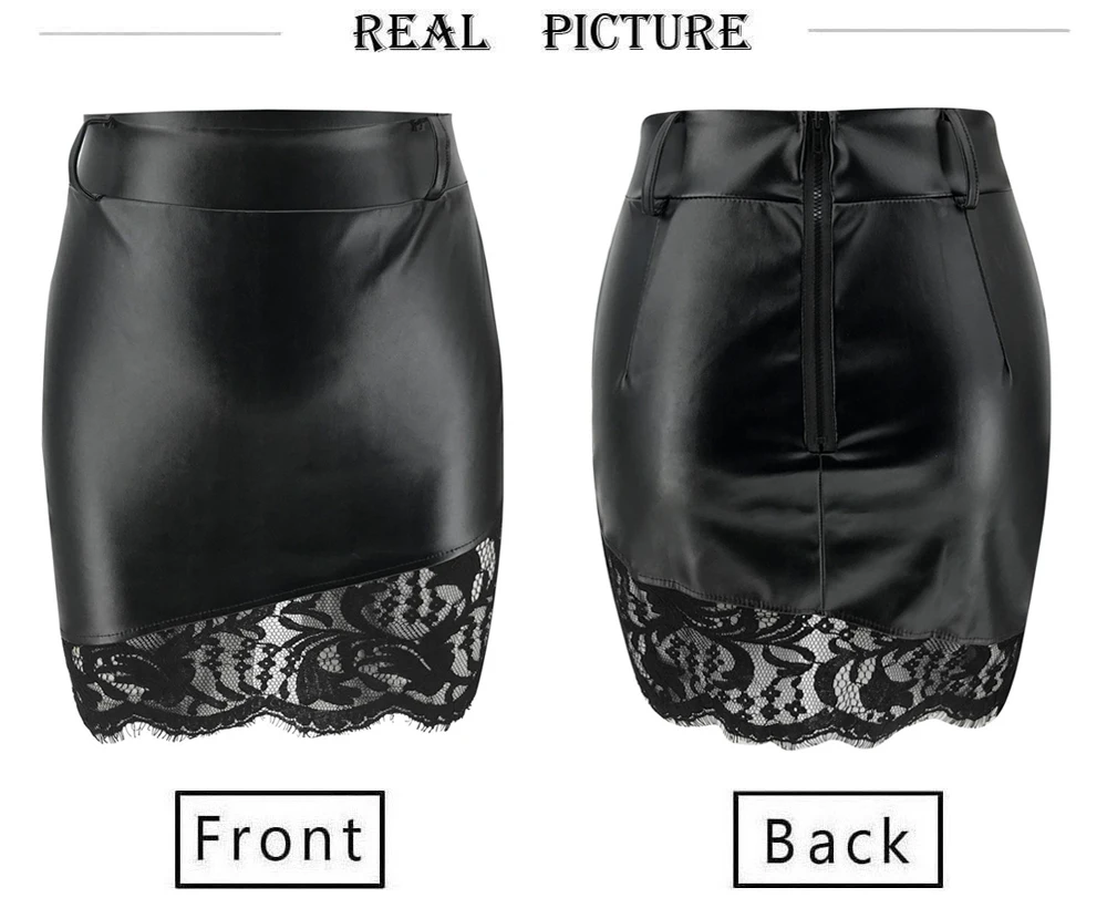 Сексуальная юбка-карандаш, кожаная юбка, модная сексуальная Женская Черная кружевная Лоскутная юбка на молнии, облегающая кожаная женская юбка