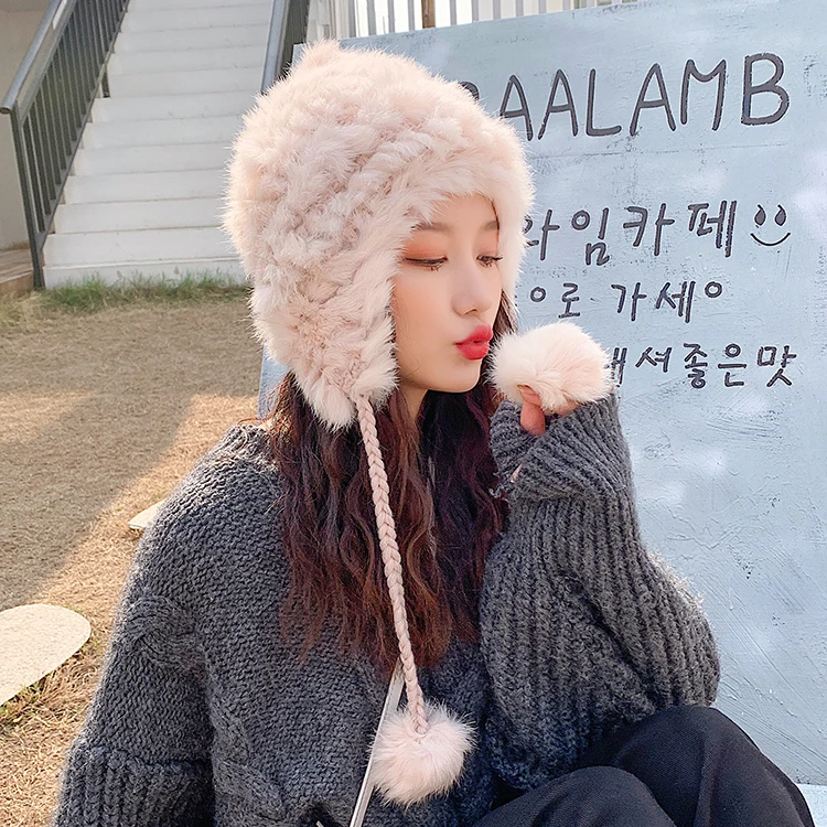 

Rabbit Fur Hat For Women Fluffy Earflap Ear Caps Skiing Ear protection ball Headgear warm Beanies knit hat fur bomber hat women