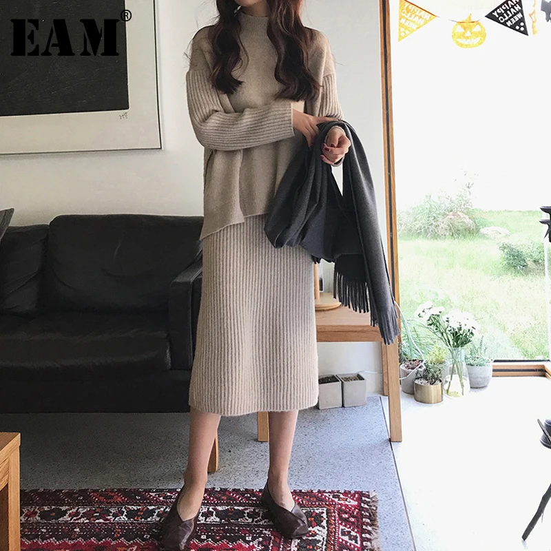 

[EAM] Back Knitting Split Half-body Skirt Two Pieces Suit New Turtleneck Long Sleeve Apricot Women Fashion Autumn 2019 JZ099