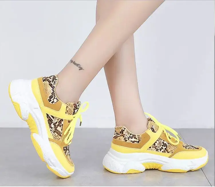 New fashion brand sneakers Woman Shoes Pu leather Leopard Platform outdoor sneakers women sports shoes Ladies Plus size 36-42 - Цвет: Цвет: желтый