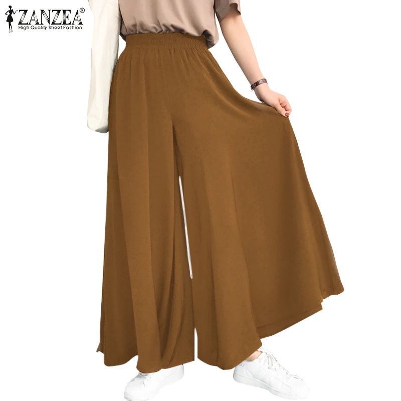 ZANZEA 2021 Spring Autumn Elastic Band Wide leg Pants Female Solid Wide Full Length Pant Women's Casual Ladies Pants