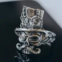 Grande steampunk crânio anel bigode e chapéu anel masculino punk anel mecânico jóias acessórios