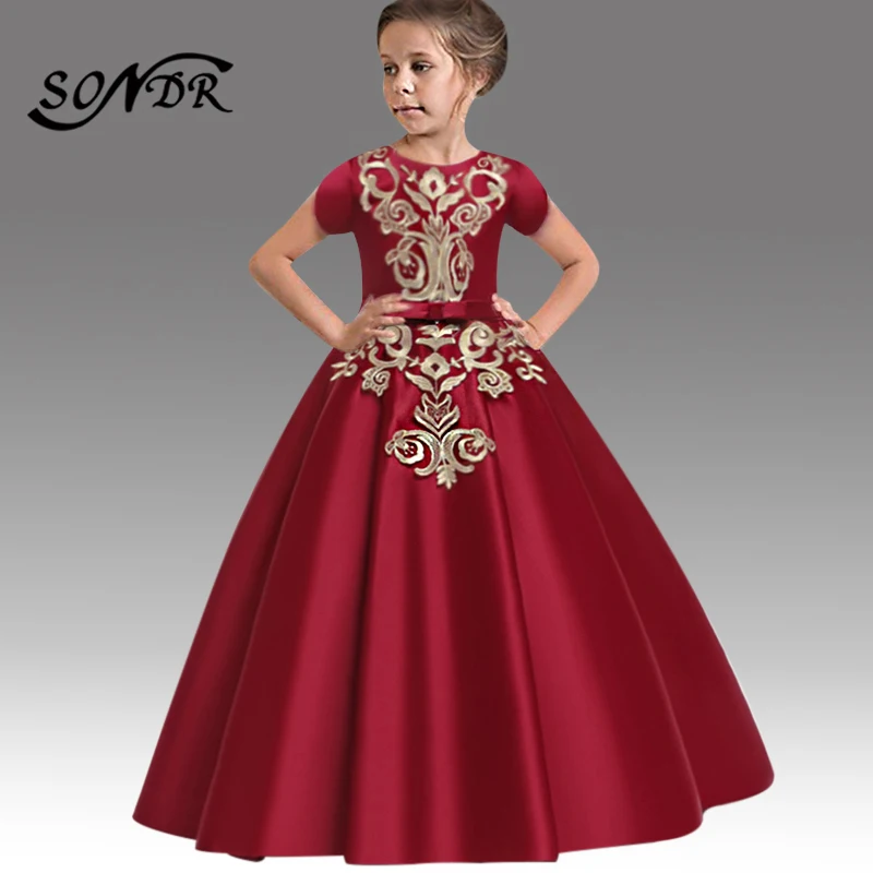 

Solid A-Line Flower Girl Dress HT204 Embroidery Formal Wedding Party Dresses For Kids O-Neck Short Sleeve Girls Pageant Dress