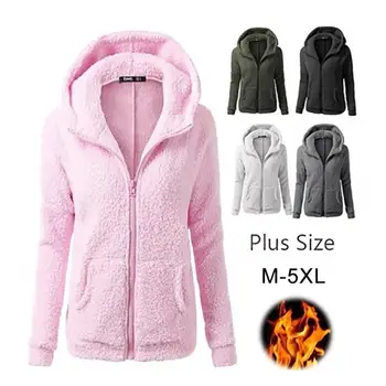 

Women Winter Plush Pocket Hooded Sweatshirt Warm Thicken Zipper Coat Outwear