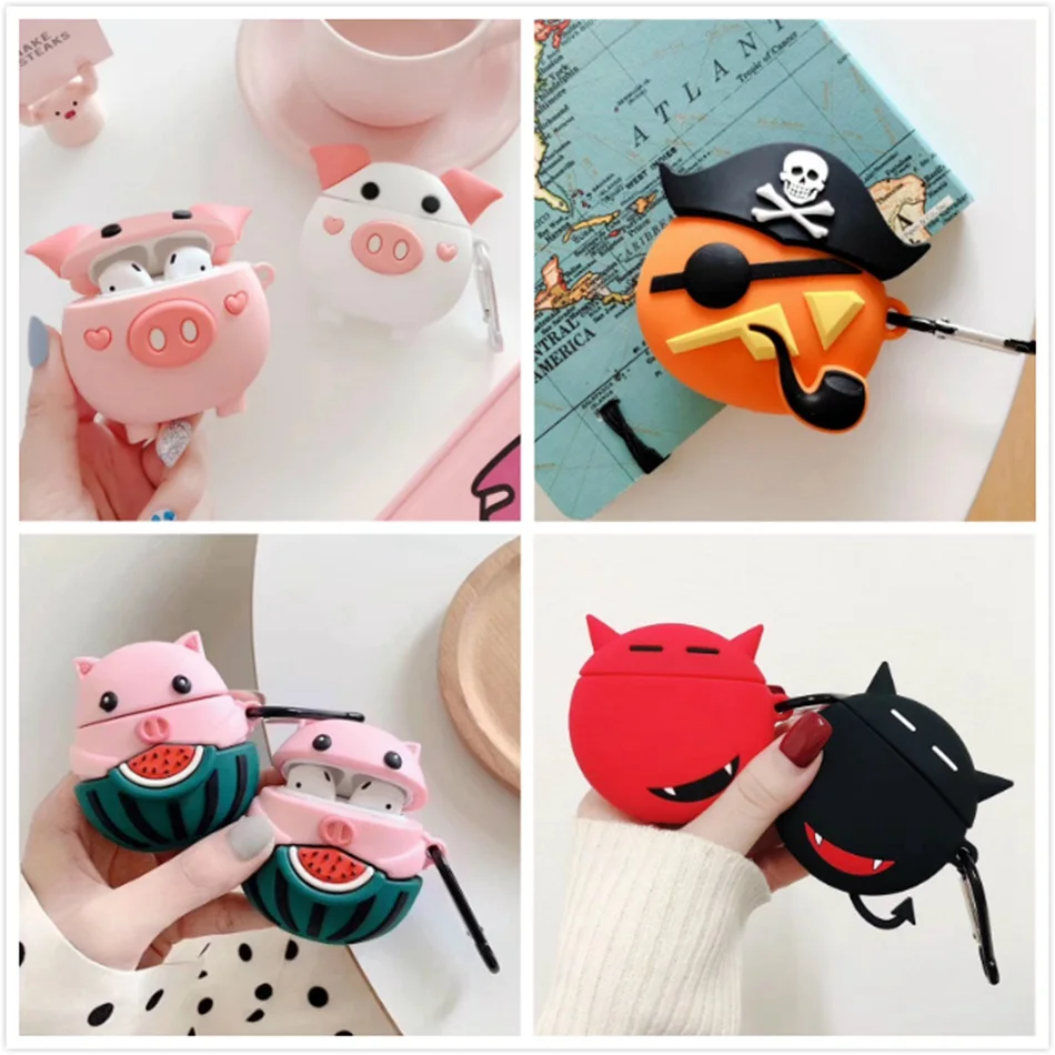 

3D Bluetooth Wireless Earphone Case For Airpods 2 Case Silicone Cute Cartoon Pig Cover For Apple Air pods Case Accessories Strap