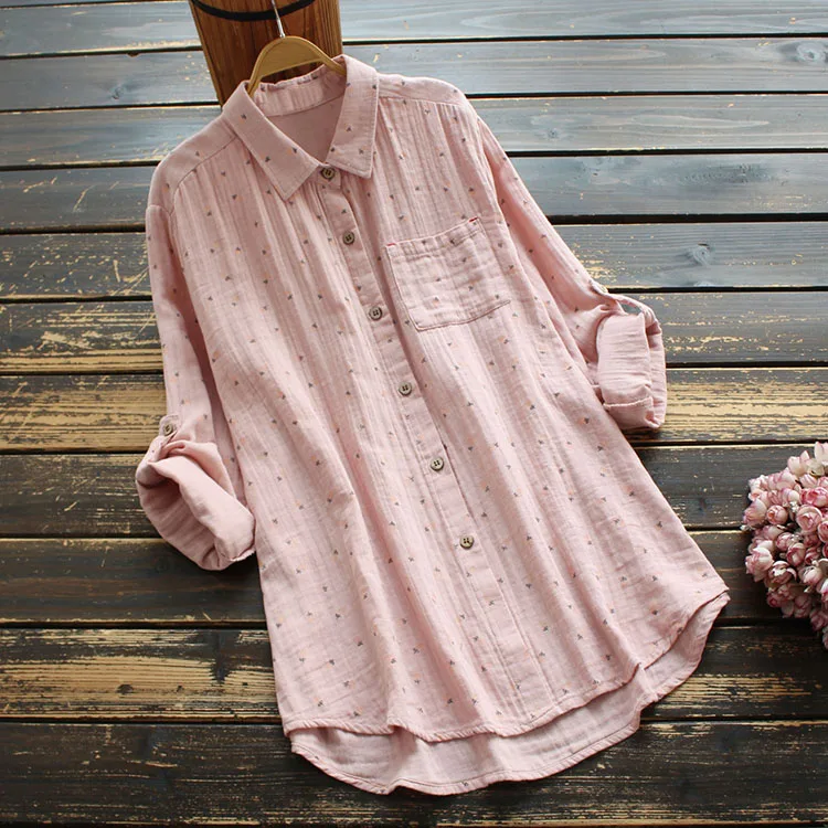 8417 New Autumn Women Blouse Japan Style Literary Print Turndown Collar Double Layer Cotton Shirt Tops Women 6