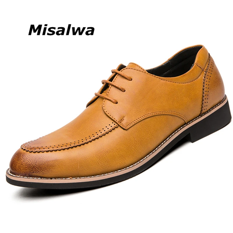 

Misalwa Yellow Men PU Leather Brogue Shoes Pointy Italian Stylish Dress Shoes Dropship British Wedding Formal Men Shoes