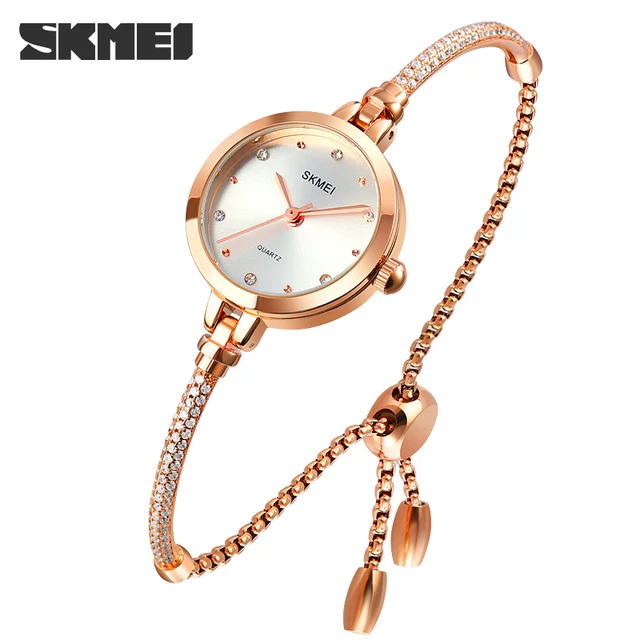 SKMEI Brand Bracelet Design Small Dial Wrist Watches for Women With Rose Gold Copper+Steel Band Luxury Lady Watches Reloj Mujer 1