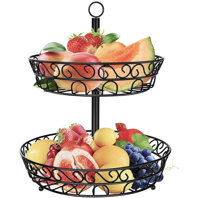 2 Tier Metal Fruit Plate Basket Detachable Countertop Vintage Hollow