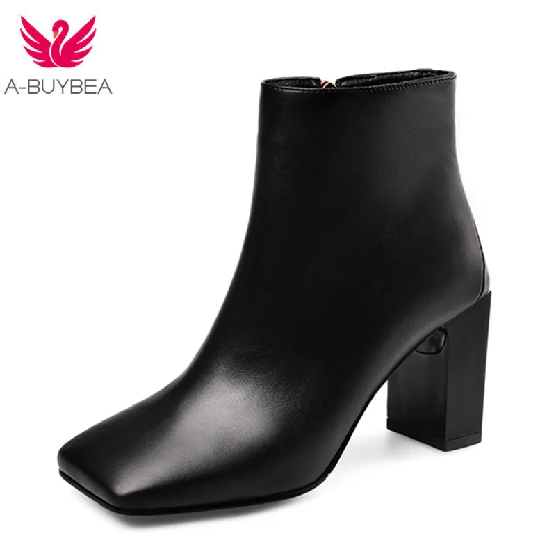 

Genuine Leather Winter Boots Square Toe Ankle Boots for Women High Heels Women Shoes Chelsea Boots Women Zipper Black Shoes