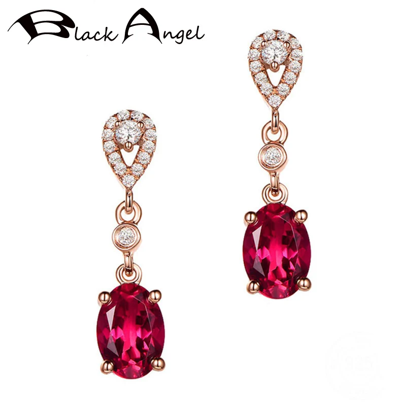 

BLACK ANGEL Water Drop Shaped 18K Rose Gold Ruby 925 Silver Red Gemstone Drop Earrings For Women Wedding Jewelry Wholesale
