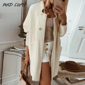

Pocket Design Open Front Buttoned Fluffy Cardigan Women Autumn Winter Long Sleeve Stand Collar Casual Long Cardigans