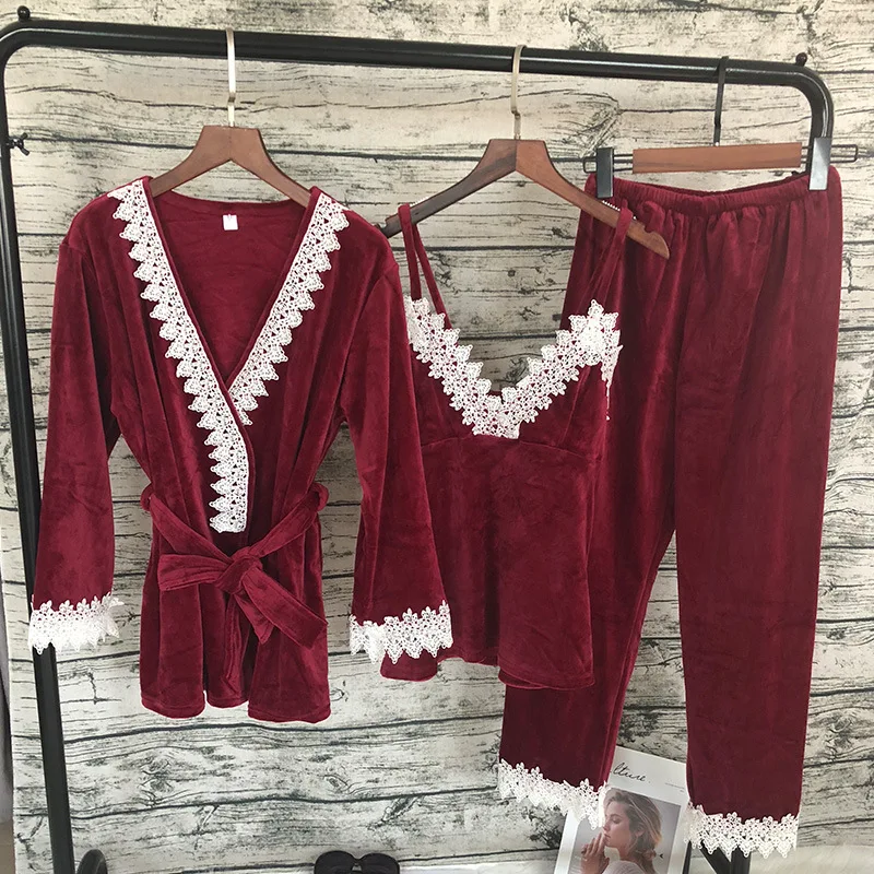 

Velvet Pajama Set Flannel Pyjamas Sexy V-neck Women Bathrobe Sete Sexy Lingerie Pink Winter Kimono Bridesmaid Robes Set