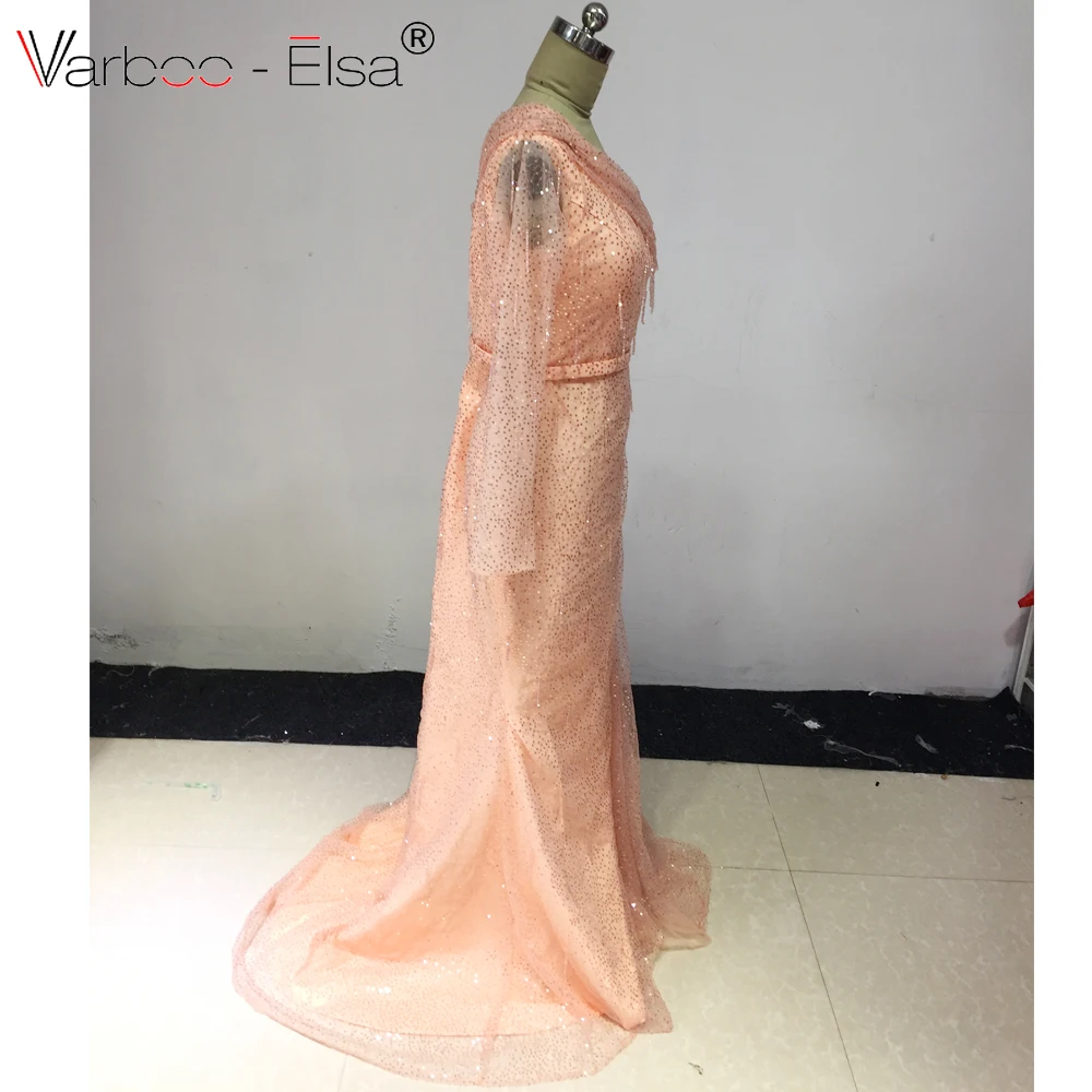 VARBOO_ELSA вечерние платья Розовые Красивые Русалка с коротким рукавом бисером кисточкой Тюль Длинные вечерние платья халат Soiree сексуальный