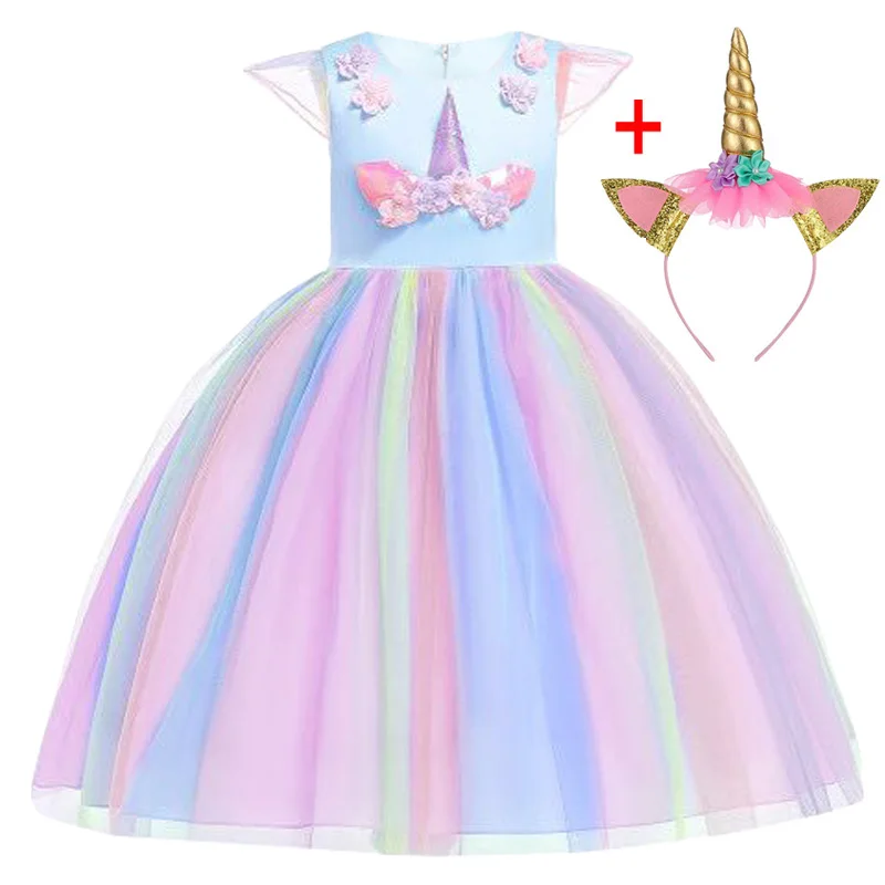 Платье с единорогом, детские рождественские платья для девочек, костюм, детское платье принцессы для девочек, праздничное платье для 3, 4, 5, 6, 7, 8, 9, 10 лет - Цвет: Blue