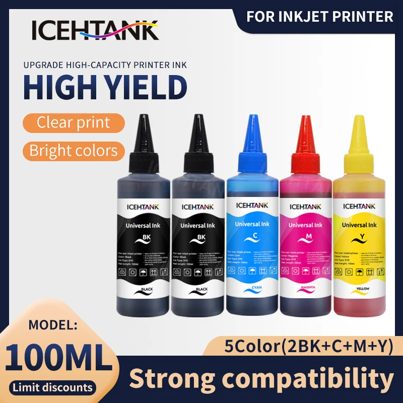 5PCS/SET CMYK 100ml Universal Refill Dye Ink Compatible For HP for Canon for Brother Epson printer ink Icehtank dye ink kit,dye ink refill,inkjet printer ink