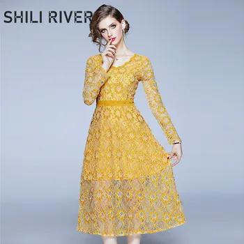 

New spring autumn french girl lace midi dress for women a line long sleeve slim casual elegant cute floral V neck dresses yellow