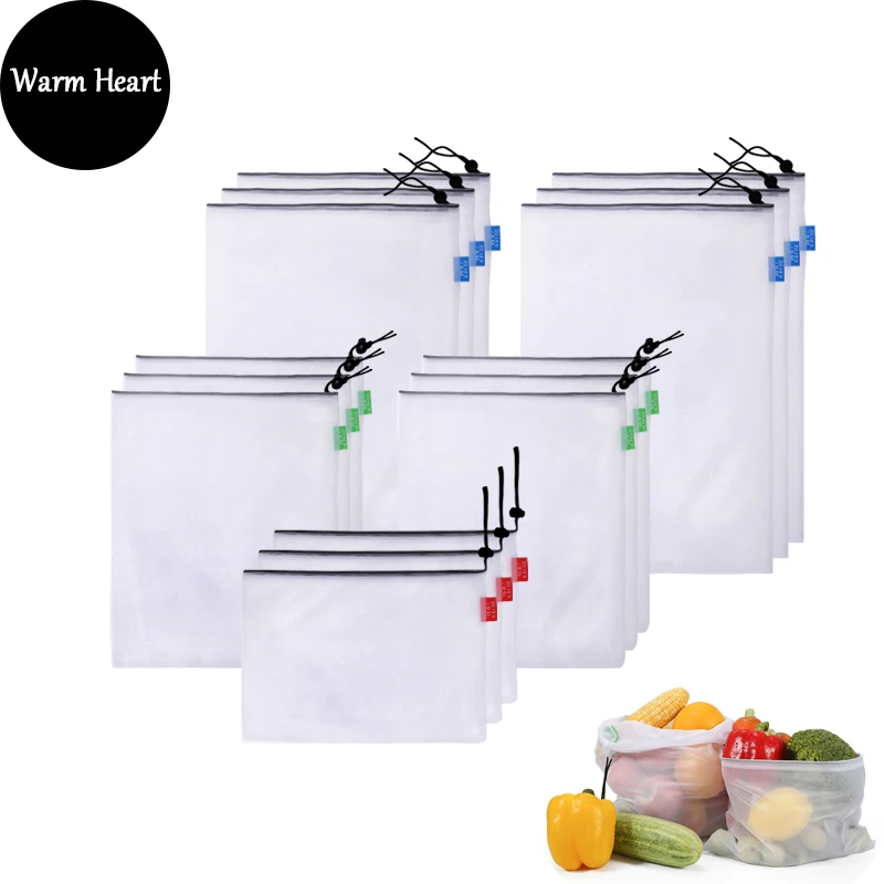 

3PCS/6PCS/9PCS Polyester Bag Storage Mesh Eco-friendly Vegetable Fruit With Drawstring Reusable For Shopping Home Kitchen