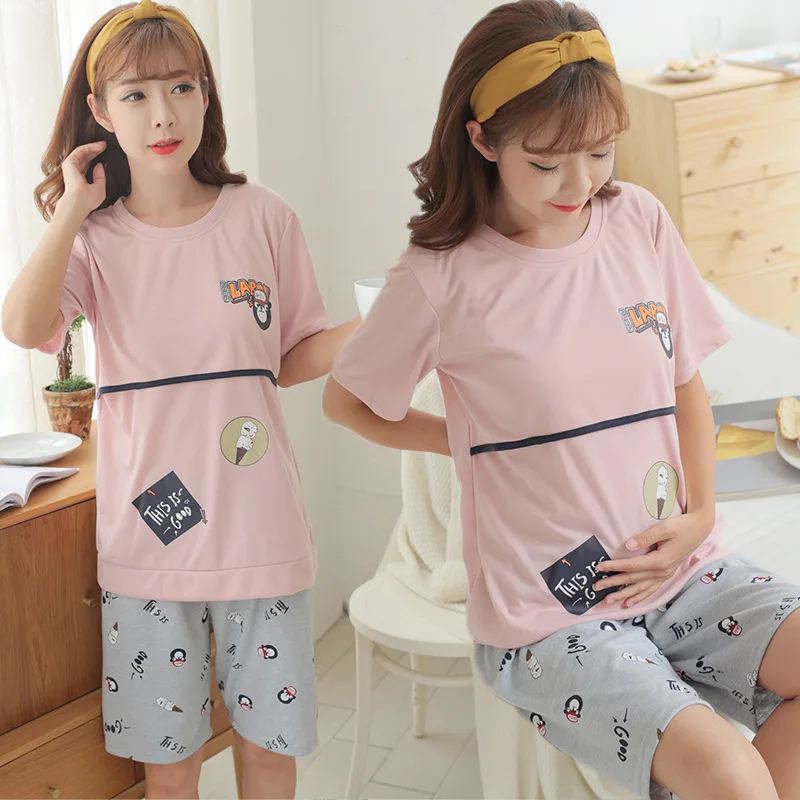 

Pregnant Women Confinement Clothing 8515 Knitted Cotton Japanese Korean Short Sleeve Summer Lactation Garment Pregnant Women Paj