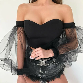 

Women Crop Tops Causal Sheer Mesh Sheer Off Shoulder Crop Top T-shirt Puff Sleeve Shirts Lace Solid Color Tanks Tops
