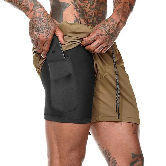 2020 Summer Running Shorts Men 2 in 1 Sports Jogging Fitness Shorts Training Quick Dry Mens Gym Men Shorts Sport gym Short Pants Brown-Black
