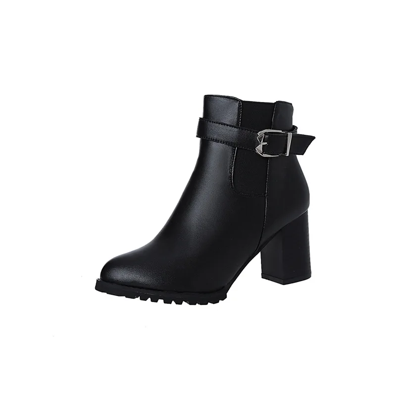 Женские ботильоны на высоком квадратном каблуке; новые зимние ботинки; женская обувь на молнии на платформе; женские черные кожаные ботинки - Цвет: Черный