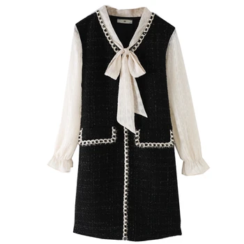 

Autumn Spring Plaid Black Dress Oversized Plus Size 2xl 3xl 4xl 5xl Bow Collar Long Sleeve A-line French Office Vintage Dresses